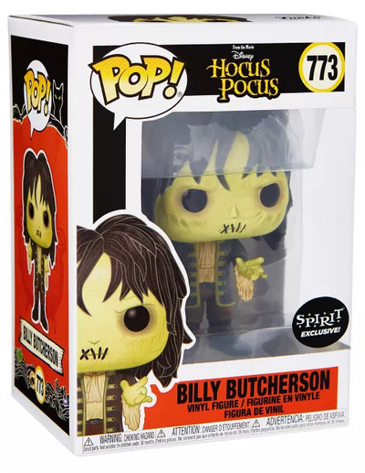 Funko Pop! vinyl figure of Billy Butchererson from Disney's Hocus Pocus, number 773, in its original window box packaging. The figure has a pale yellow skin tone, dark brown hair, and a striped brown and beige shirt.
