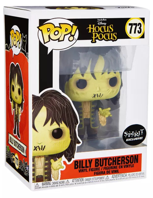 Funko Pop! vinyl figure of Billy Butchererson from Disney's Hocus Pocus, number 773, in its original window box packaging. The figure has a pale yellow skin tone, dark brown hair, and a striped brown and beige shirt.