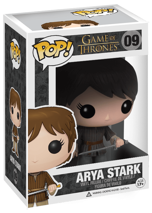 Funko Pop! vinyl figure of Arya Stark from Game of Thrones, number 09 in the series, shown in its original window box packaging against a white background.