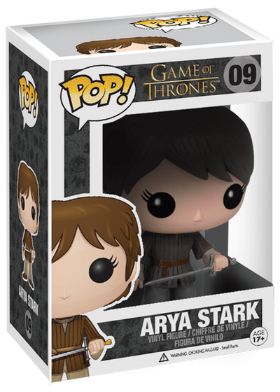 Funko Pop! vinyl figure of Arya Stark from Game of Thrones, number 09 in the series, shown in its original window box packaging against a white background.