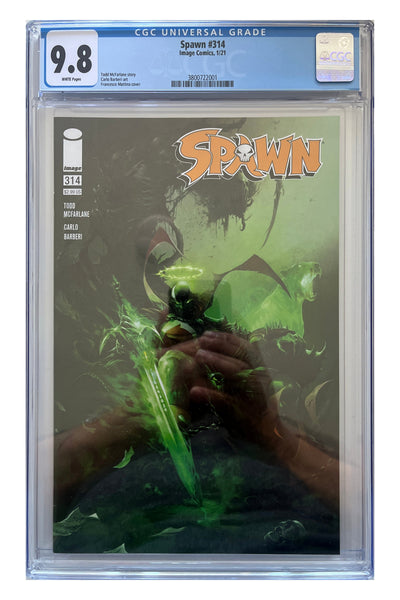 Spawn #314 – Francesco Mattina Cover A – CGC 9.8 enhanced white-background slab presentation, certification 3800722001