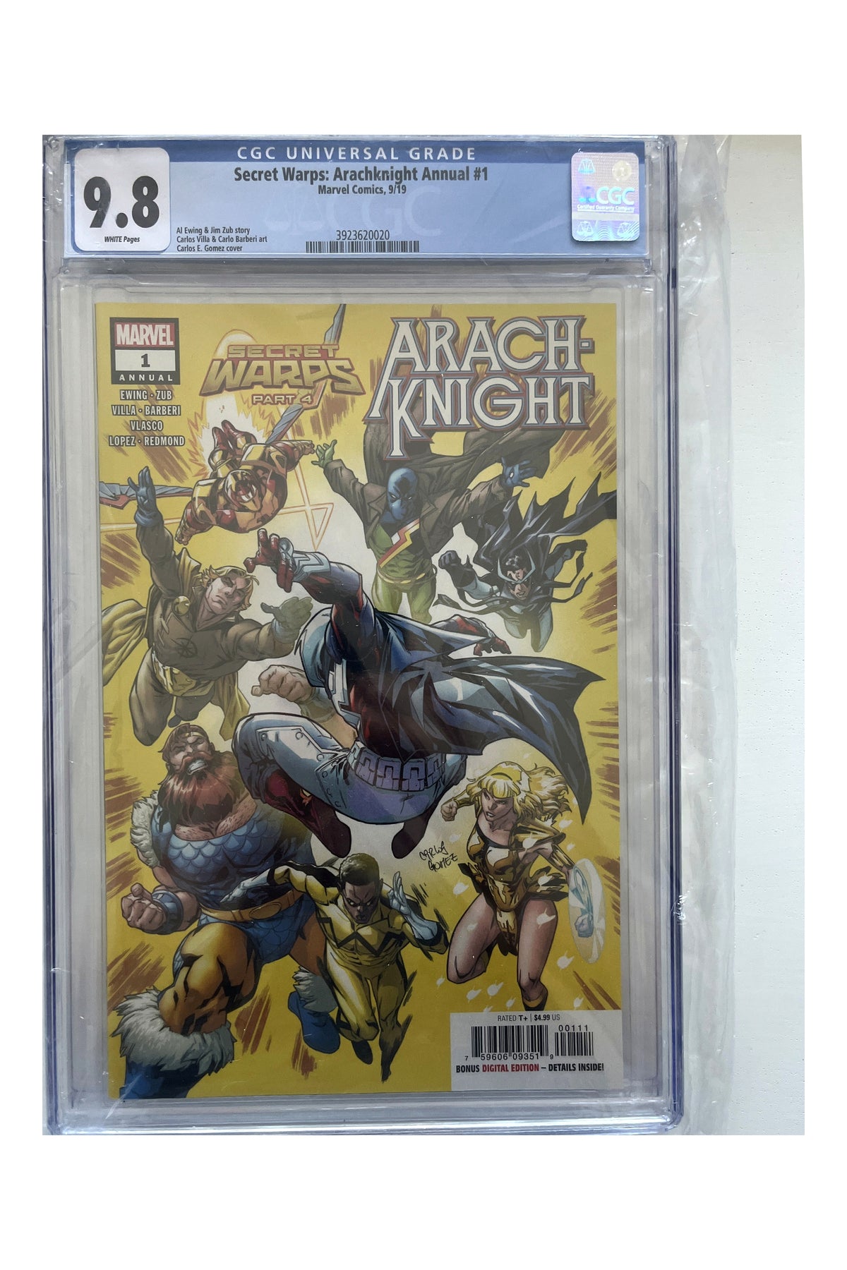 Secret Warps: Arachknight Annual #1 – Carlos Gómez Cover – CGC 9.8 enhanced white-background slab presentation, certification 3923620020