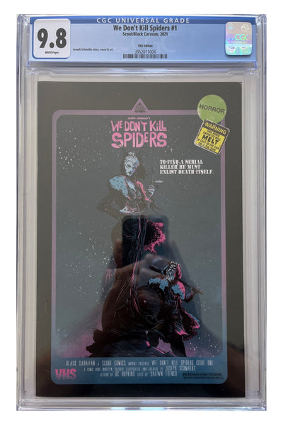 We Don’t Kill Spiders #1 – VHS Edition – CGC 9.8 enhanced white-background slab presentation, certification 3952011004