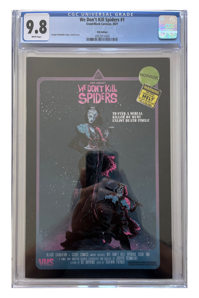We Don’t Kill Spiders #1 – VHS Edition – CGC 9.8 enhanced white-background slab presentation, certification 3952011004