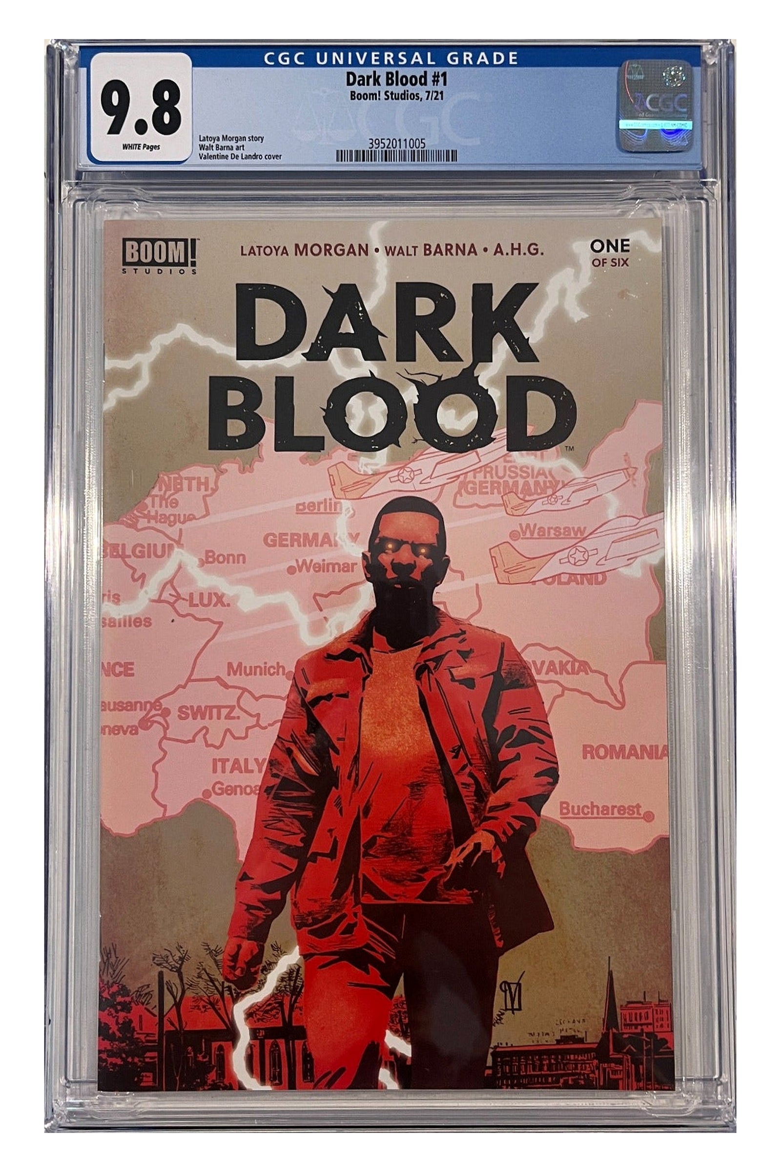Dark Blood #1 – Main Cover – CGC 9.8 enhanced white-background slab presentation, certification 3952011005