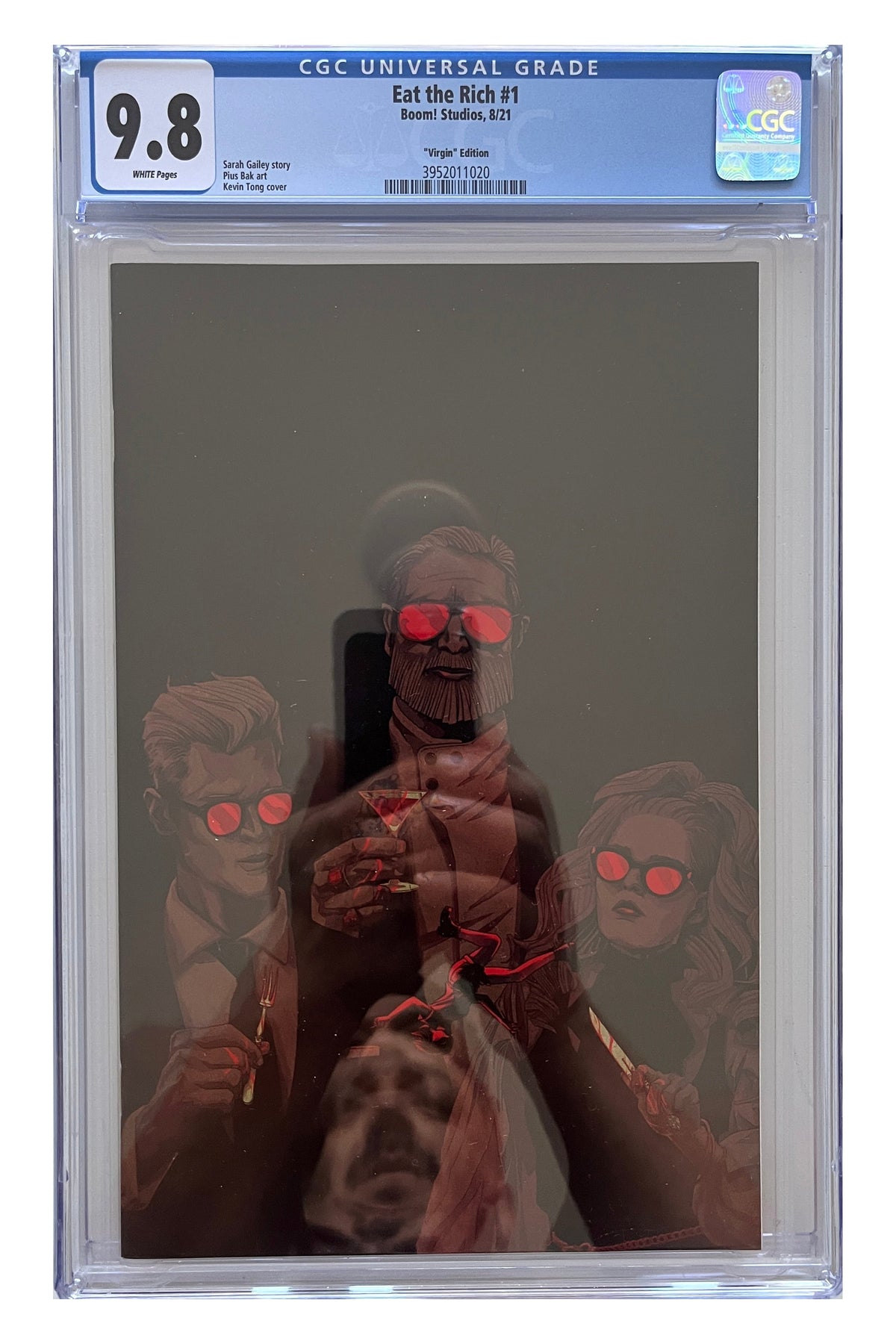 Eat the Rich #1 – Kevin Tong Virgin Edition – CGC 9.8 enhanced white-background slab presentation, certification 3952011020