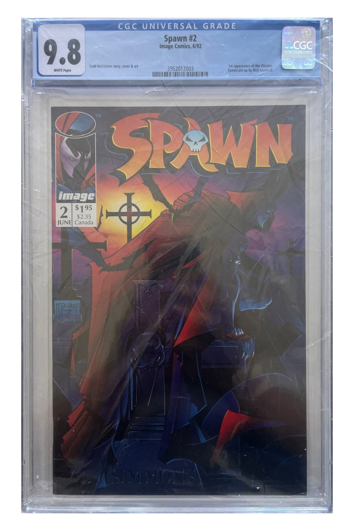 Spawn #2 – Todd McFarlane Direct Edition – CGC 9.8 enhanced white-background slab presentation, certification 3952012003