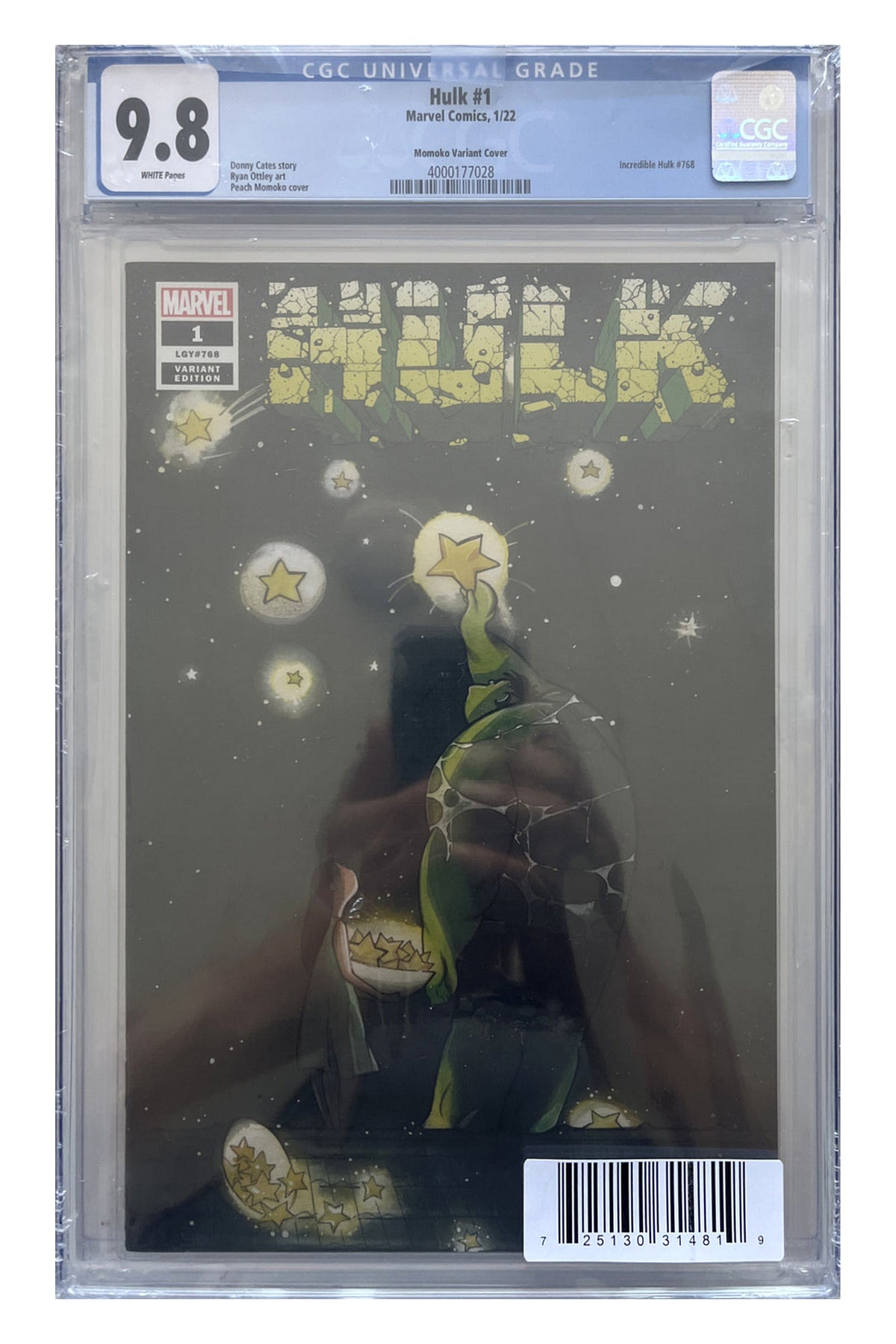 Hulk #1 – Peach Momoko Variant Cover – CGC 9.8 enhanced white-background slab presentation, certification 4000177028