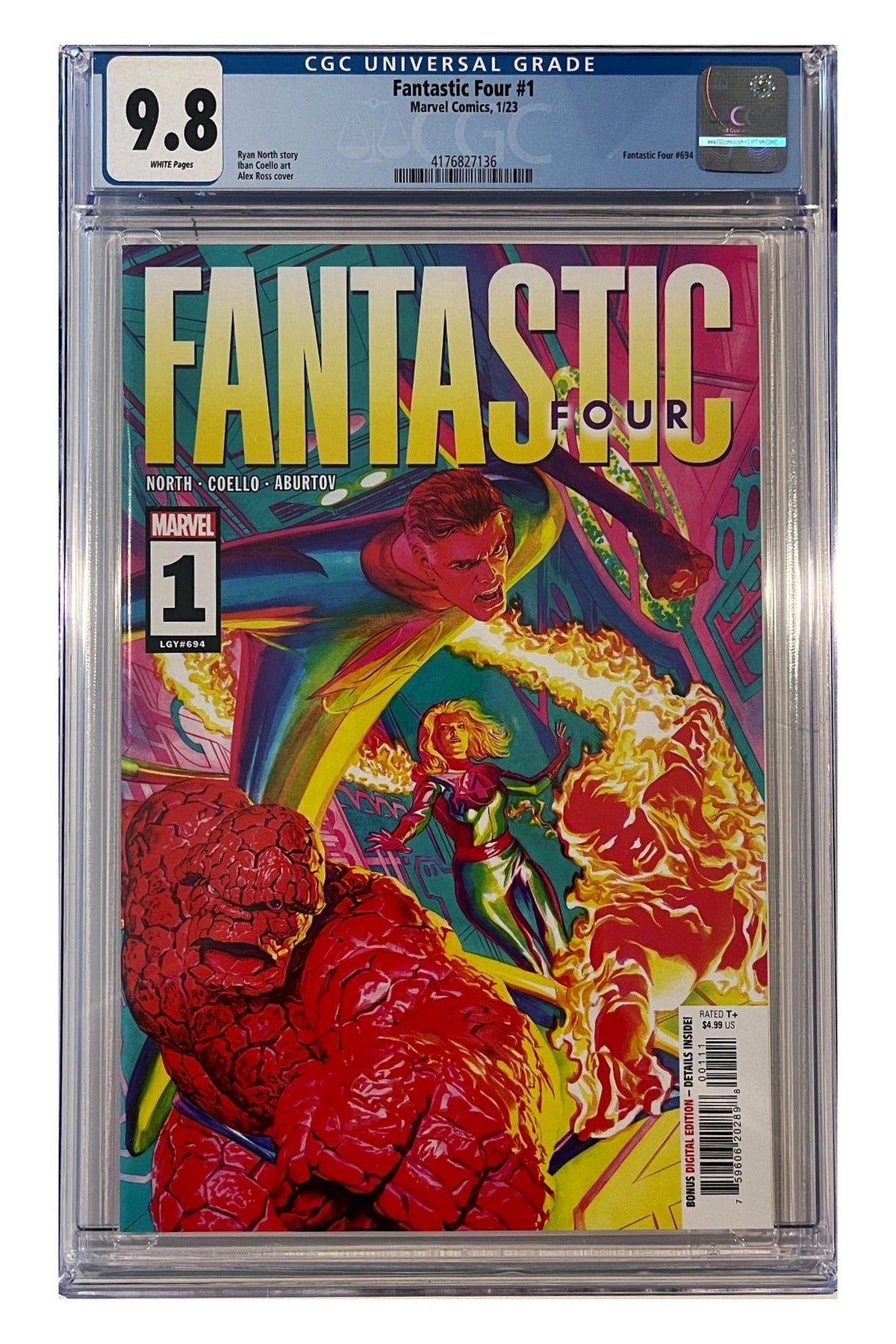 Fantastic Four #1 – Alex Ross Cover – CGC 9.8 enhanced white-background slab presentation, certification 4176827136