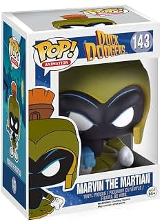 Funko Pop! Animation vinyl figure of Marvin the Martian from Duck Dodgers, shown next to its original box. The figure features a green helmet, black face, white eyes, and holds a blue device.
