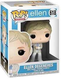 Funko Pop! Television collectible vinyl figure of Ellen Degeneres, number 618 in the Pop! Television series. The figure is shown standing next to its original window box packaging on a solid white background.