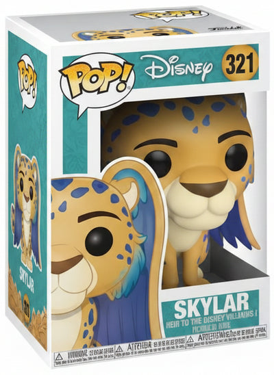 Funko Pop! vinyl figure of Skylar the cheetah from Disney's The Lion King, shown next to its original window box packaging. The figure features yellow and orange spotted fur with purple wings and a blue-purple mane.