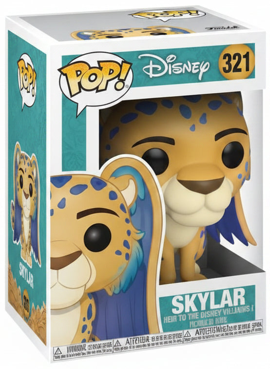 Funko Pop! vinyl figure of Skylar the cheetah from Disney's The Lion King, shown next to its original window box packaging. The figure features yellow and orange spotted fur with purple wings and a blue-purple mane.