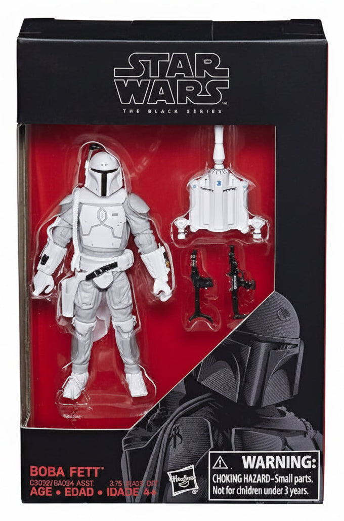 Star Wars The Black Series Boba Fett action figure in its original window box packaging, featuring the white-armored Boba Fett with accessories and a red interior backing.