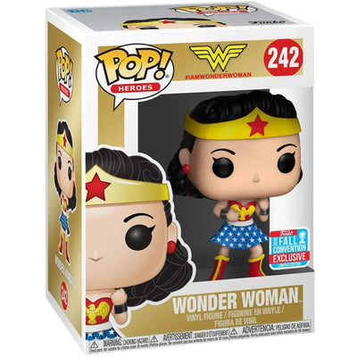 Funko Pop! Heroes Wonder Woman vinyl figure number 242 in its original window box packaging, featuring a Fall Festival 2023 Exclusive sticker.