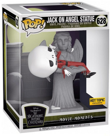Funko Pop! vinyl figure #628 Jack on Angel Statue from Disney's The Nightmare Before Christmas, shown both inside its retail box and as an unboxed figure. The figure depicts Jack Skellington holding Angel in a red sweater.