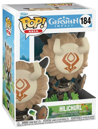 Funko Pop! Asia Genshin Impact Hilichurl vinyl figure in its original box packaging, featuring the character with its signature horned mask and dark armor.