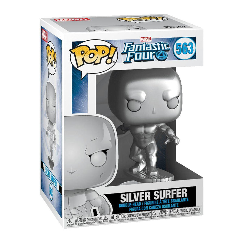 Funko Pop Marvel Fantastic Four Silver Surfer number 563 in window box standing on silver surfboard
