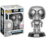 Funko Pop! Star Wars chrome Death Star Droid #188 shown beside 2017 Fall Convention exclusive box