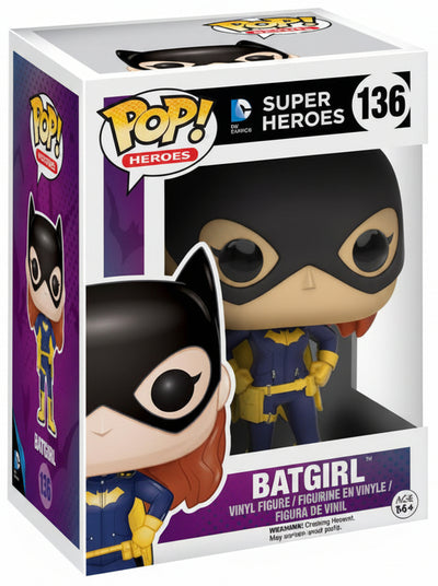 Funko Pop! Heroes vinyl figure of Batgirl number 136, shown next to its original window box packaging on a white background.