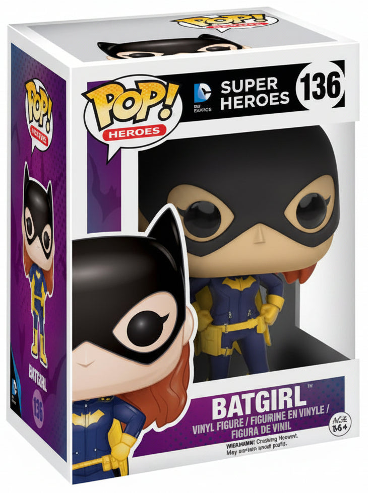 Funko Pop! Heroes vinyl figure of Batgirl number 136, shown next to its original window box packaging on a white background.
