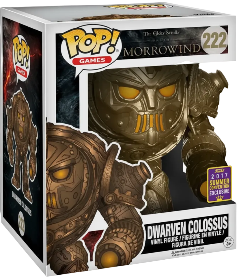 Funko Pop! Games Dwarven Colossus vinyl figure in its original window box packaging, featuring a gold-colored armored figure with glowing yellow eyes. The box displays 'The War Sunk in Morrowind' and includes a 2024 Exclusive sticker.