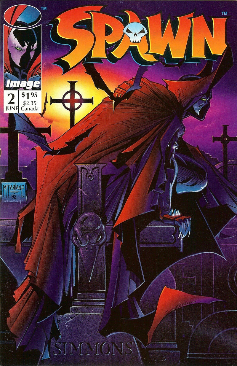 Spawn comic book issue 2 cover published by Image Comics, featuring the character Spawn in a red cape standing in a graveyard at night under a purple sky.