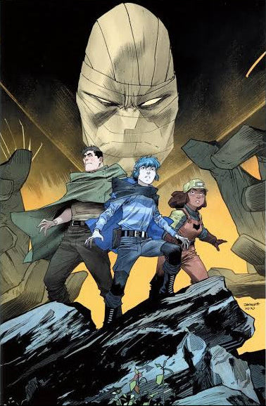 Comic book cover art featuring three illustrated characters standing on dark rocks in a dramatic scene, with a giant stone face looming behind them against a black and yellow background.