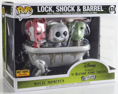 Funko Pop! Disney The Nightmare Before Christmas 'Lock, Shock & Barrel' vinyl figure set in its original window box packaging, featuring three characters in a bathtub.