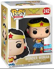 Funko Pop! Movies Wonder Woman collectible figure number 242 in its original window box packaging, featuring the character with her iconic tiara and blue-and-red dress.