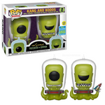 Kang and Kodos figures shown outside the box beside 2019 Summer Convention shared-sticker packaging