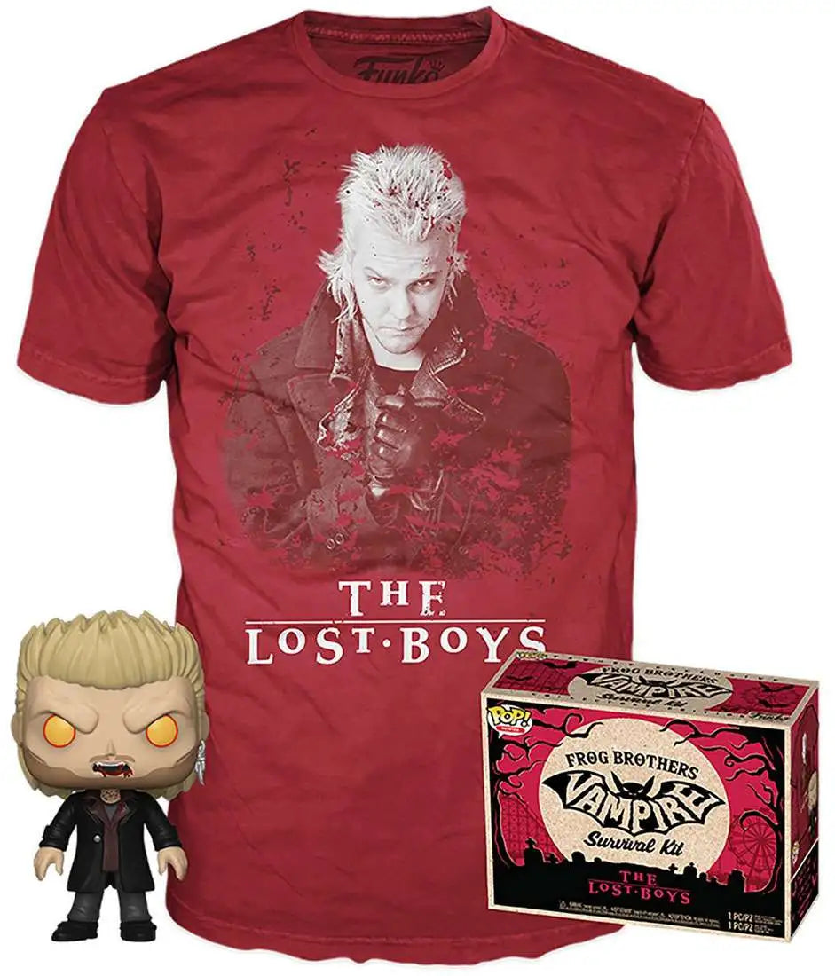 Funko The Lost Boys Frog Brothers Vampire Survival Kit with Vampire David figure and red David graphic T-shirt stock image