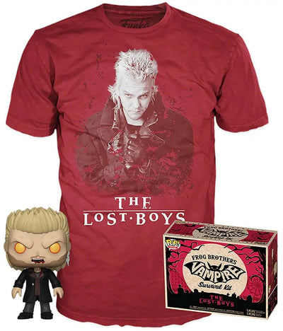 Funko The Lost Boys Frog Brothers Vampire Survival Kit with Vampire David figure and red David graphic T-shirt stock image