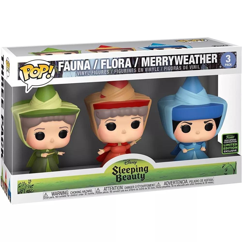 Funko Pop Disney Sleeping Beauty Fauna Flora and Merryweather three-pack in window box with 2020 Spring Convention sticker