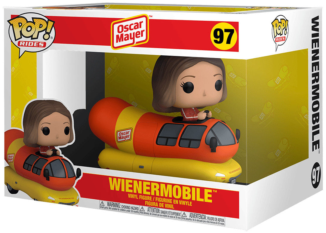 Funko Pop! Collectible vinyl figure of Oscar Mayer driving the Wienermobile, shown in its original window box packaging. The figure has brown hair and is wearing a red shirt, seated in a red and yellow vehicle.