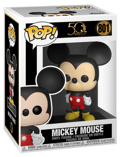 Funko Pop! Mickey Mouse vinyl figure number 801 in its original window box packaging, featuring the character in his classic red shorts with white polka dots and yellow shoes.