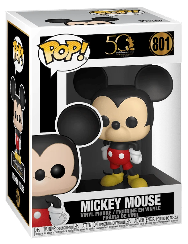 Funko Pop! Mickey Mouse vinyl figure number 801 in its original window box packaging, featuring the character in his classic red shorts with white polka dots and yellow shoes.