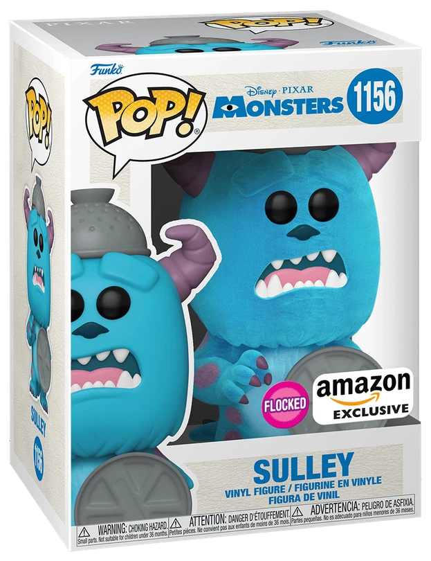 Funko Pop! Disney Pixar Monsters Sulley vinyl figure in its original window box packaging, featuring a blue Sulley with purple ears and a gray helmet, with an Amazon Exclusive sticker on the front.