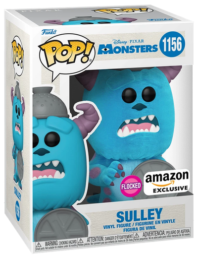 Funko Pop! Disney Pixar Monsters Sulley vinyl figure in its original window box packaging, featuring a blue Sulley with purple ears and a gray helmet, with an Amazon Exclusive sticker on the front.