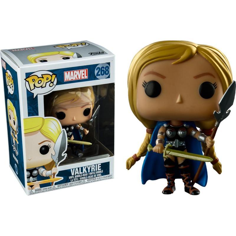 Funko Pop Marvel Valkyrie number 268 with sword beside Walgreens Exclusive box