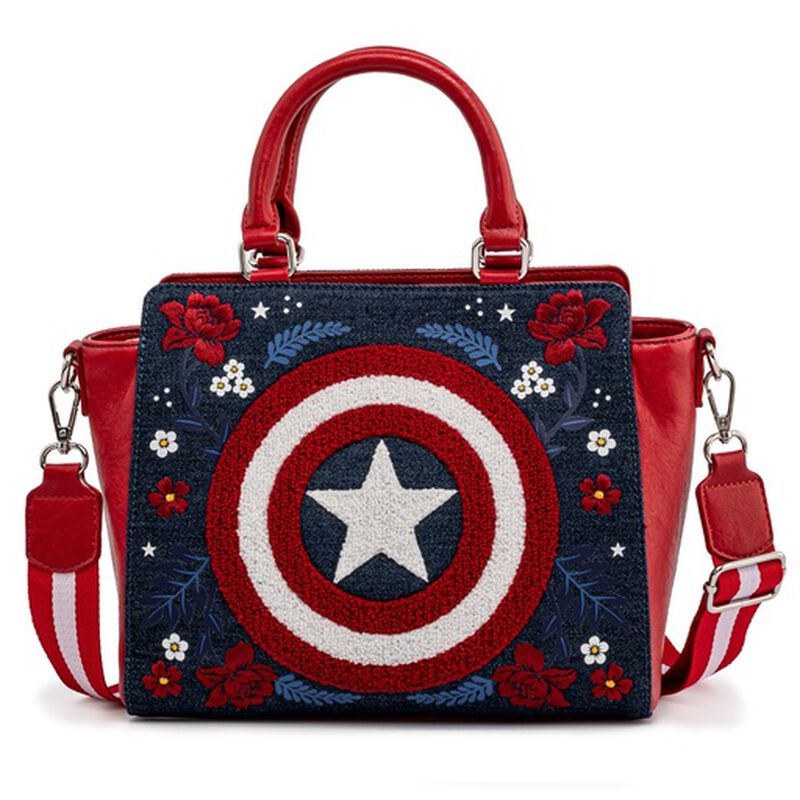 Loungefly Marvel Captain America 80th Anniversary Floral Shield Crossbody Bag front view