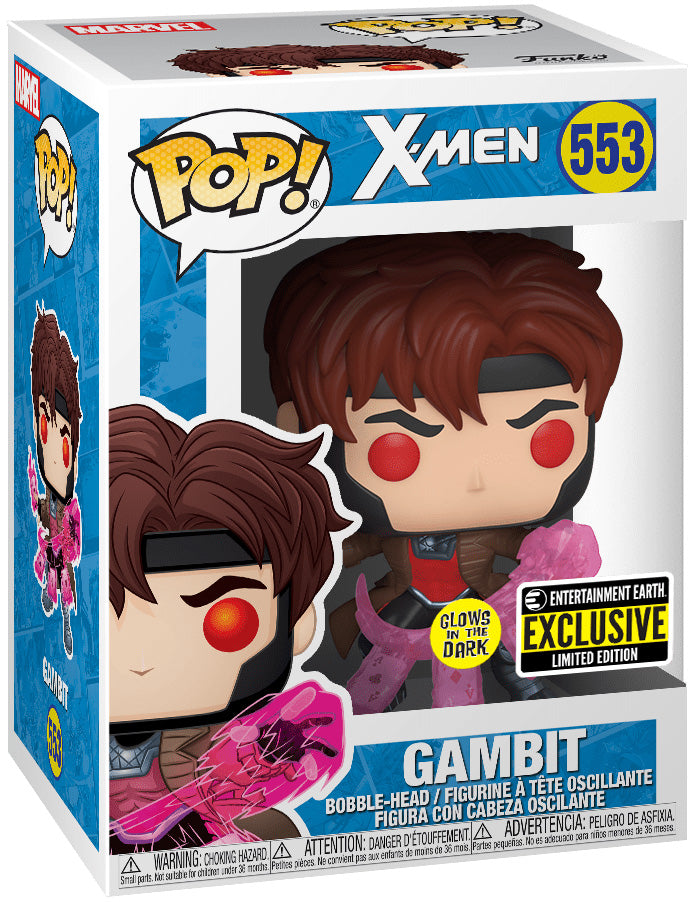 Funko Pop! X-Men Gambit exclusive bobble-head figure in its original packaging, featuring a chibi-style box design with character artwork and product details.